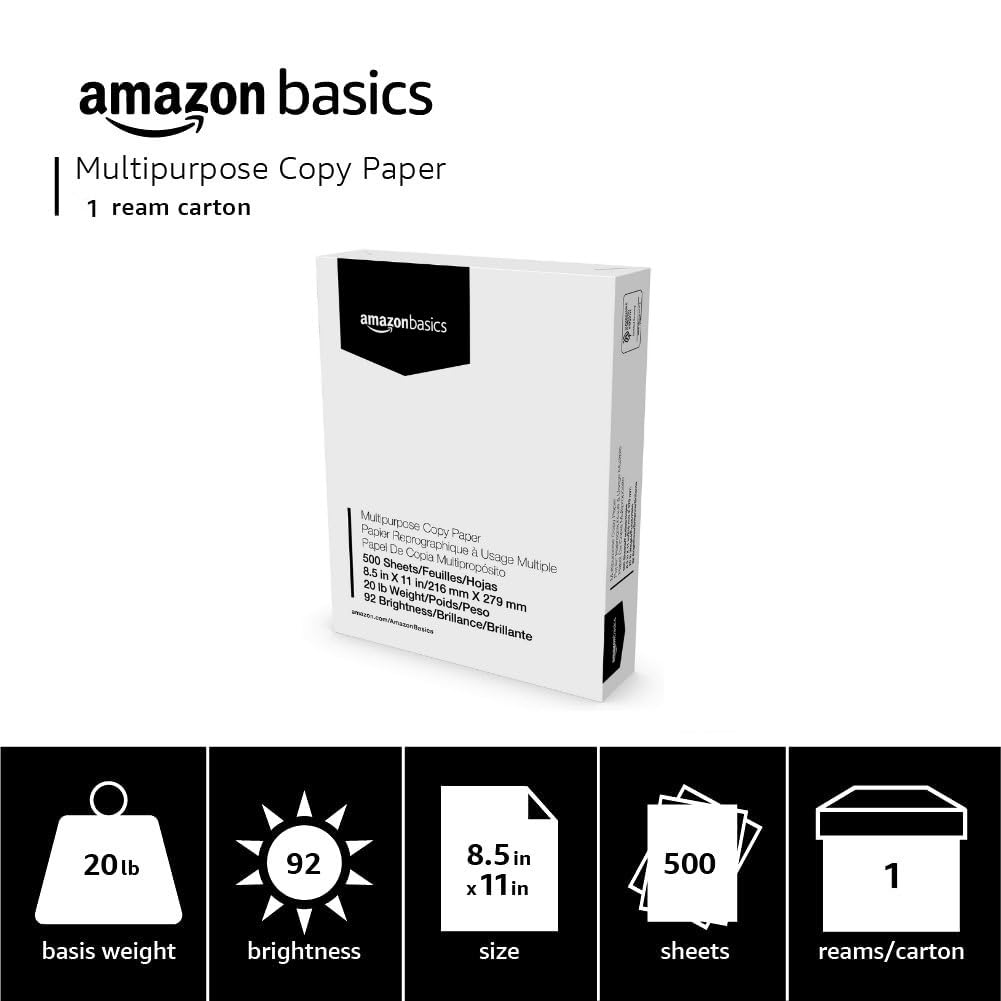 Amazon Basics Multipurpose Copy Printer Paper, 21.6 x 27.9cm, 9.07kg, 1 Ream, (500 Sheets), 92 Bright, White