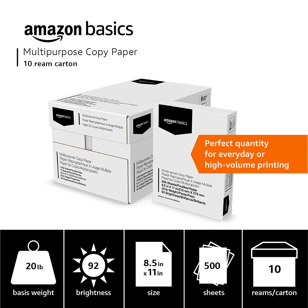 Amazon Basics Multipurpose Copy Printer Paper, 21.6 x 27.9cm, 9.07kg, 1 Ream, (500 Sheets), 92 Bright, White