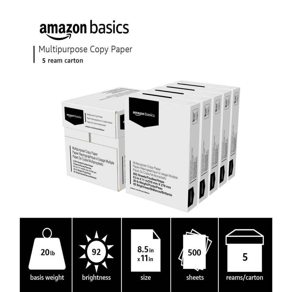 Amazon Basics Multipurpose Copy Printer Paper, 21.6 x 27.9cm, 9.07kg, 1 Ream, (500 Sheets), 92 Bright, White