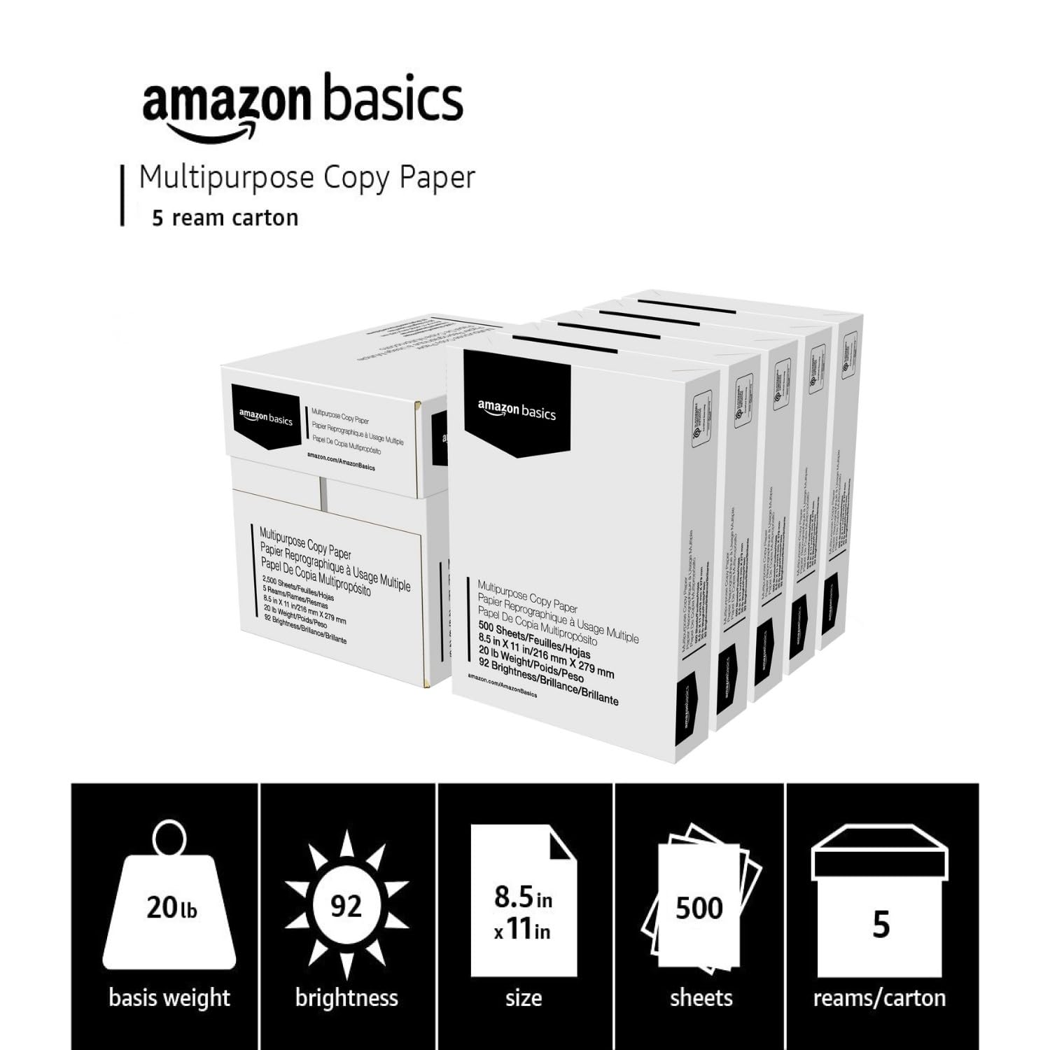 Amazon Basics Multipurpose Copy Printer Paper, 21.6 x 27.9cm, 9.07kg, 1 Ream, (500 Sheets), 92 Bright, White