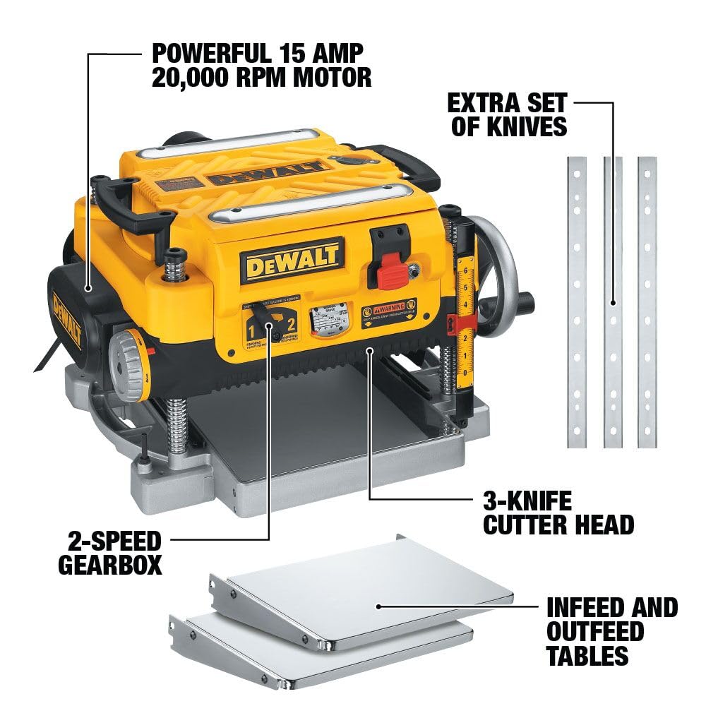 DEWALT Thickness Planer, 13-inch Wood Planer, Three Knife Two Speed, 15 Amp, 20,000 RPM Motor (DW735X)