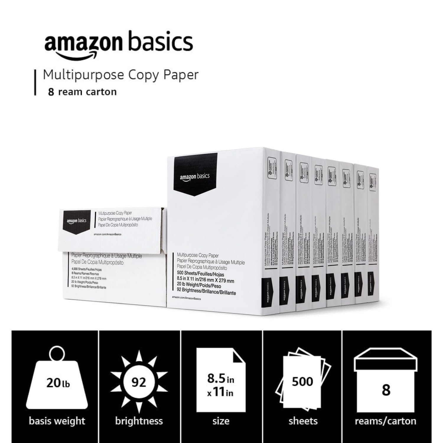 Amazon Basics Multipurpose Copy Printer Paper, 21.6 x 27.9cm, 9.07kg, 1 Ream, (500 Sheets), 92 Bright, White