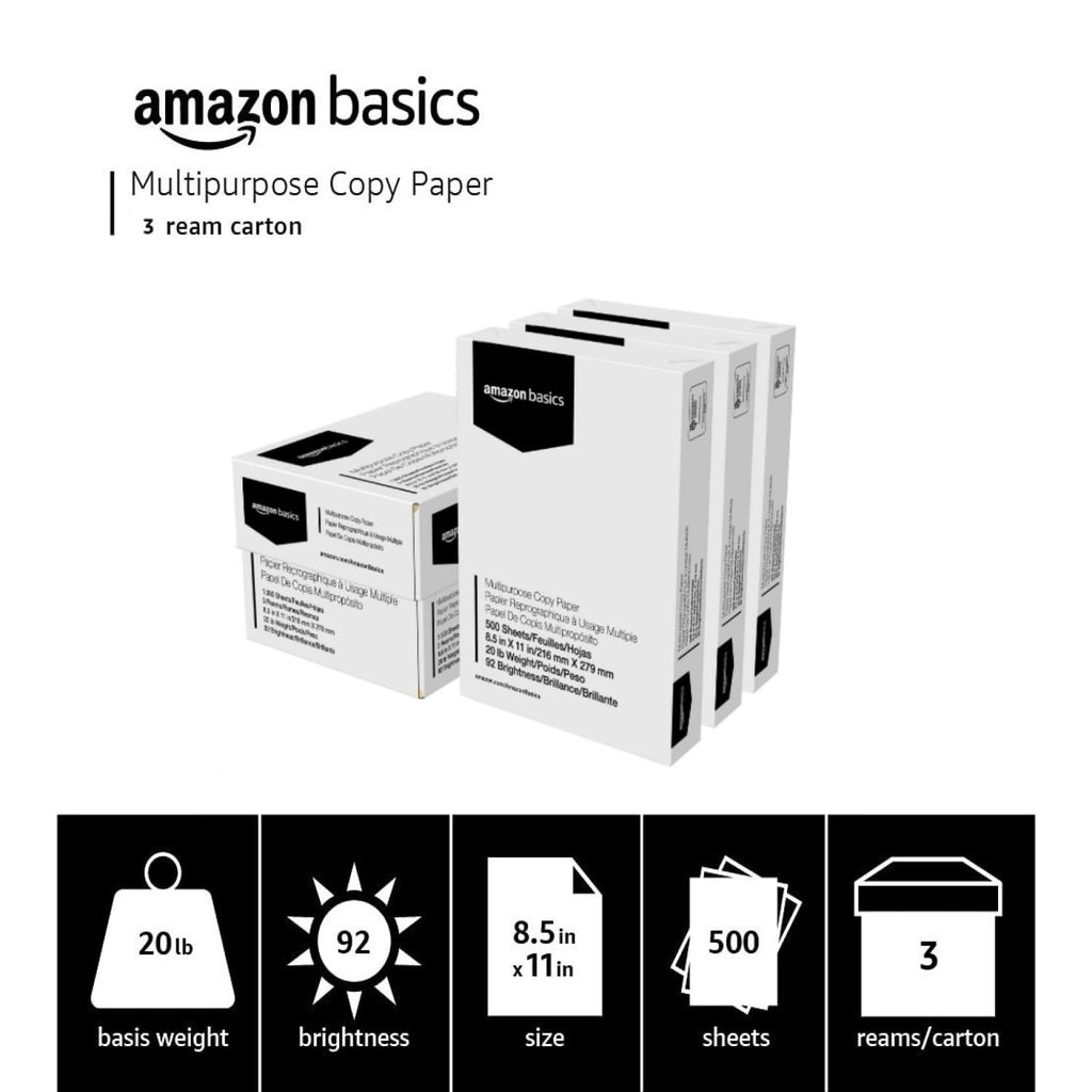 Amazon Basics Multipurpose Copy Printer Paper, 21.6 x 27.9cm, 9.07kg, 1 Ream, (500 Sheets), 92 Bright, White