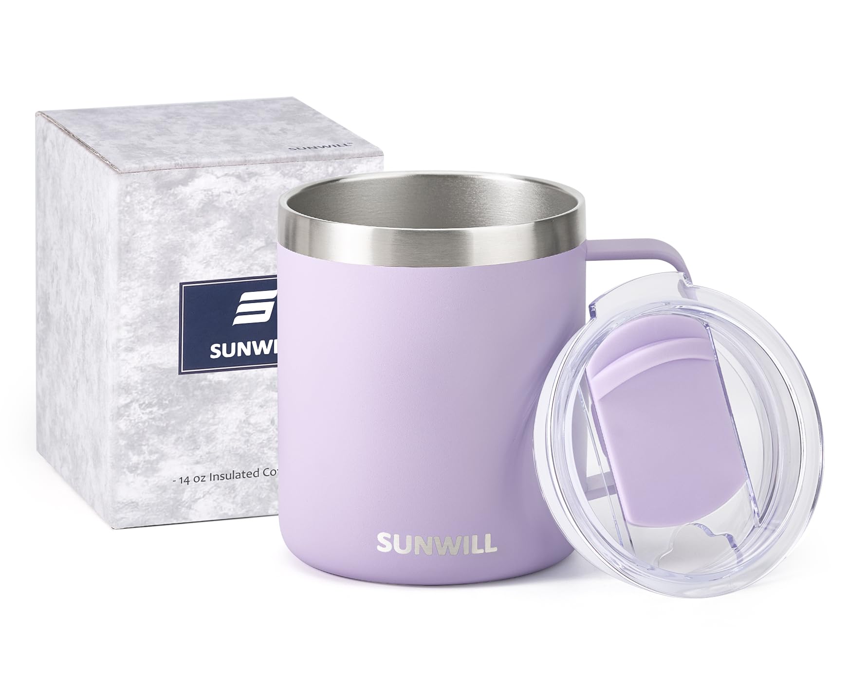 SUNWILL Travel Coffee Mug with Lid, Insulated Tumbler with Handle, 14 oz Stainless Steel Cup for Ice, Water, Tea, Powder Coated Orchid