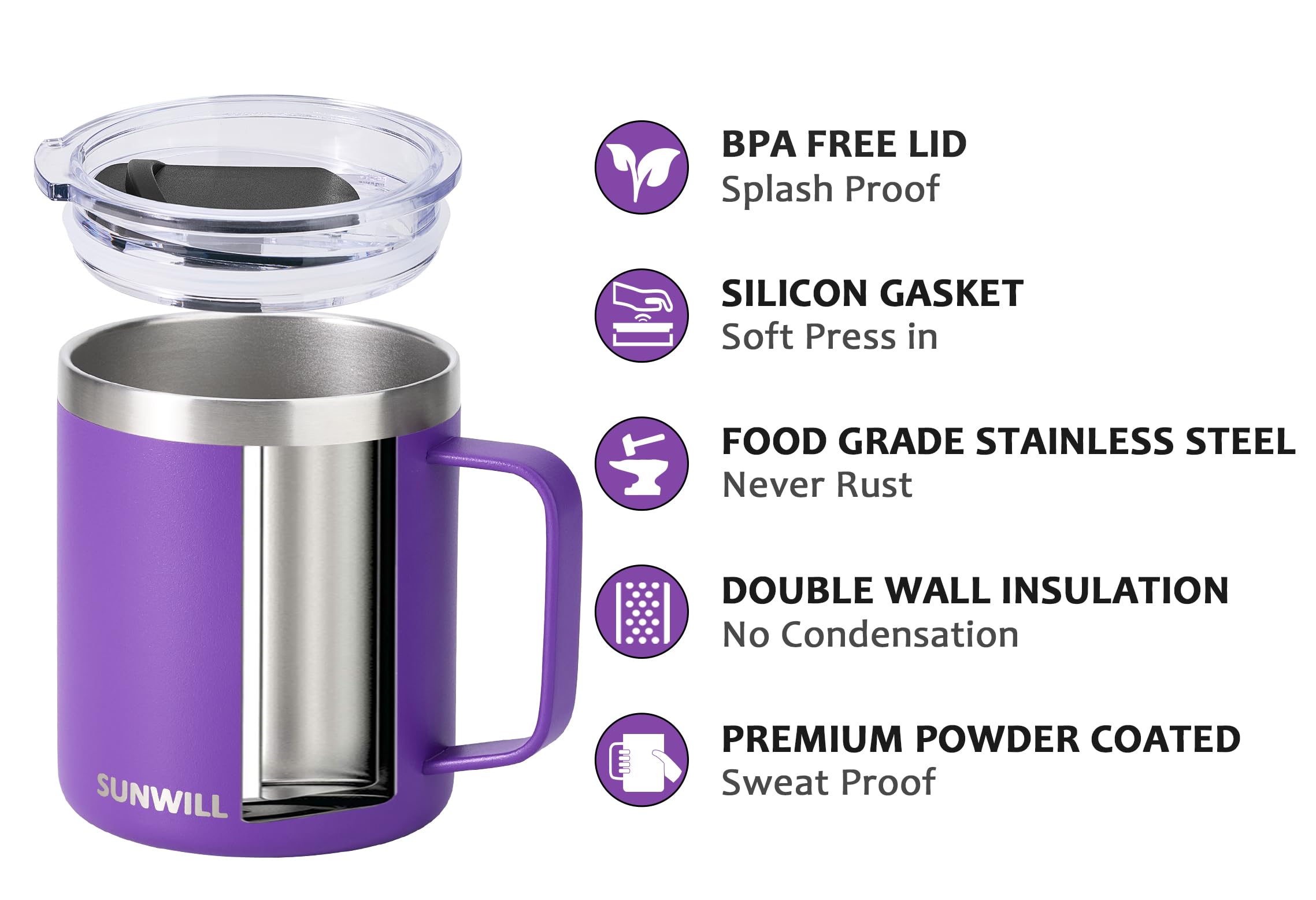 SUNWILL Travel Coffee Mug with Lid, Insulated Tumbler with Handle, 14 oz Stainless Steel Cup for Ice, Water, Tea, Powder Coated Orchid