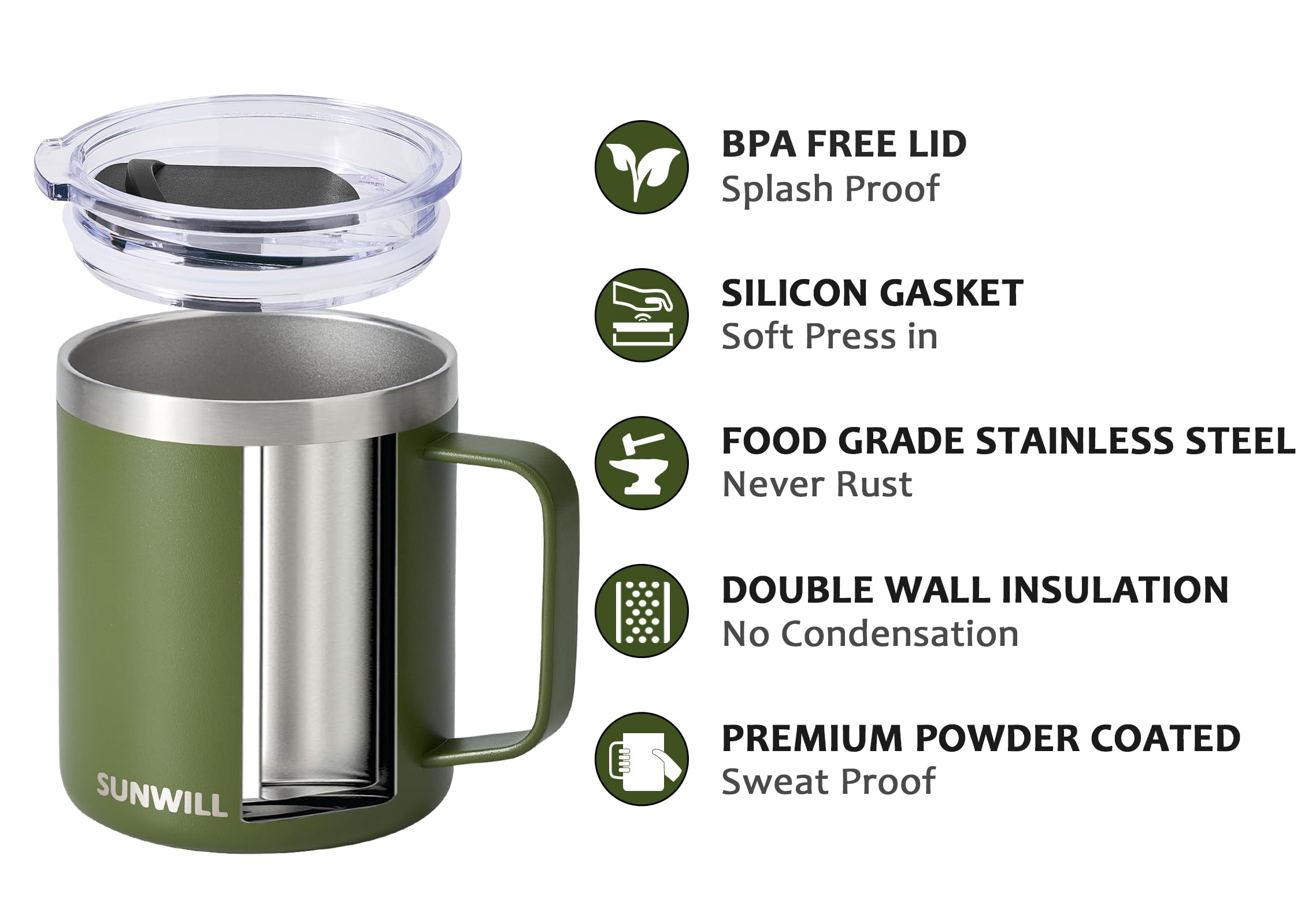 SUNWILL Travel Coffee Mug with Lid, Insulated Tumbler with Handle, 14 oz Stainless Steel Cup for Ice, Water, Tea, Powder Coated Orchid