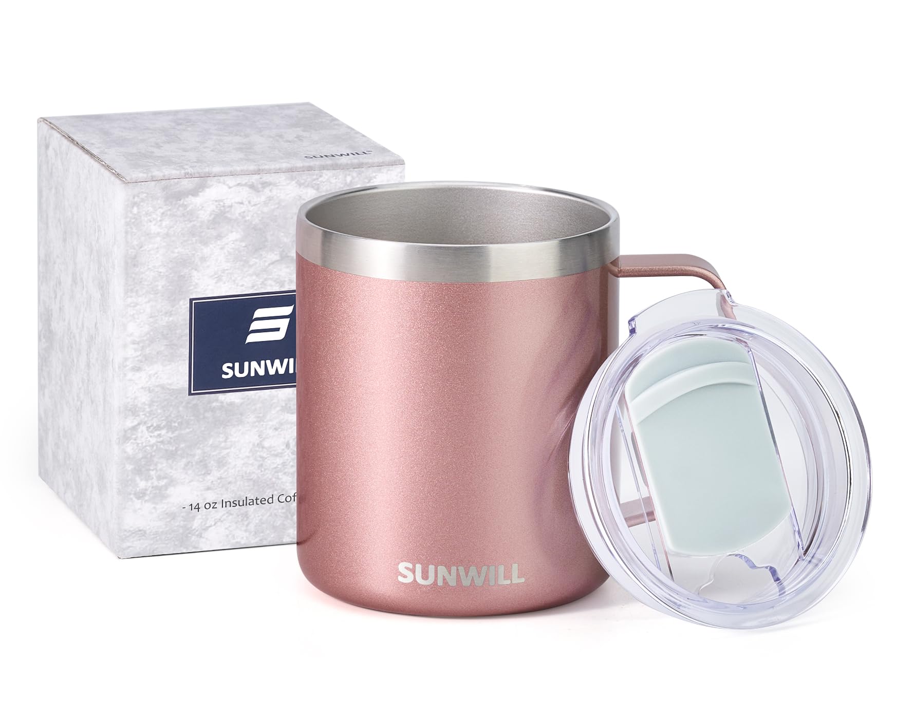 SUNWILL Travel Coffee Mug with Lid, Insulated Tumbler with Handle, 14 oz Stainless Steel Cup for Ice, Water, Tea, Powder Coated Orchid