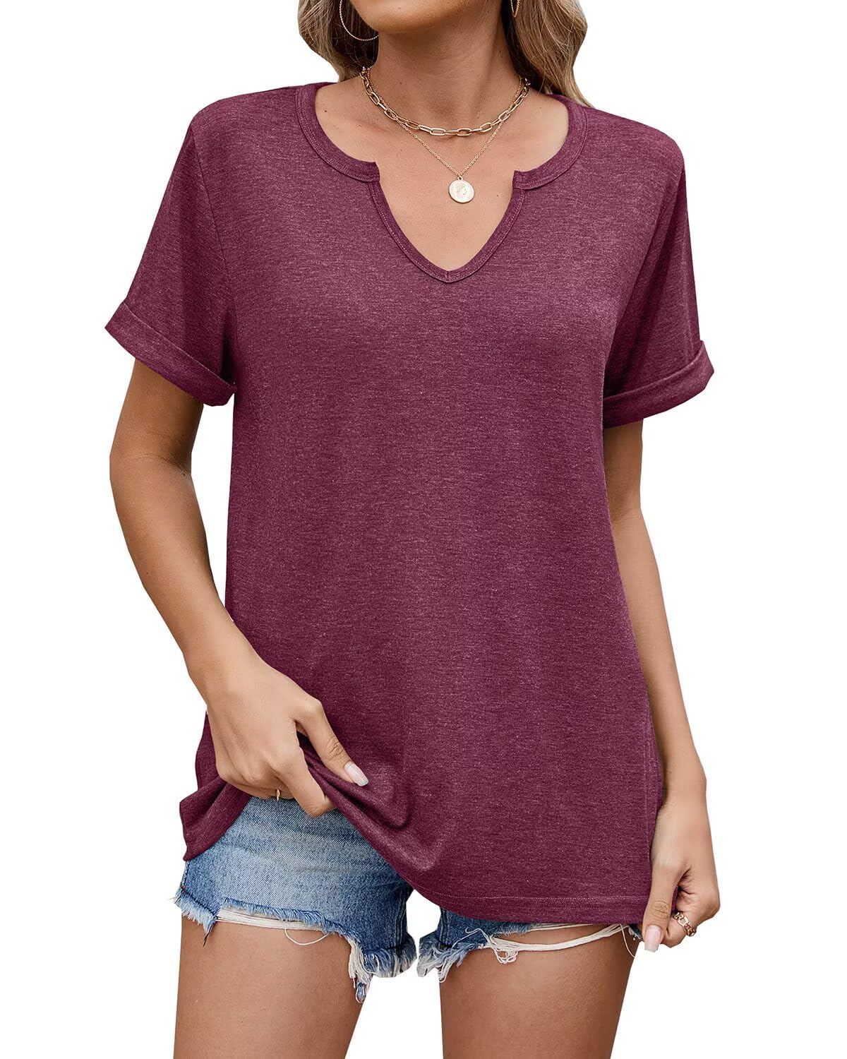 WELINCO T-Shirts d'été à Manches Courtes Pour Femmes, Chemises décontractées et douces, t-Shirts basiques Wine Red X-Large