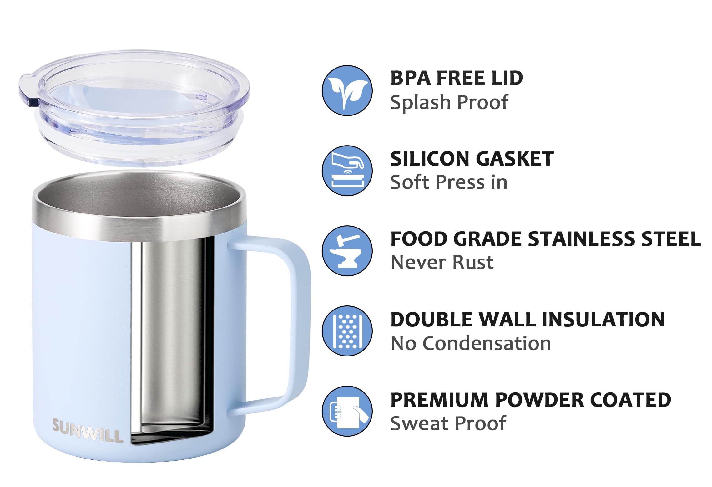 SUNWILL Travel Coffee Mug with Lid, Insulated Tumbler with Handle, 14 oz Stainless Steel Cup for Ice, Water, Tea, Powder Coated Orchid