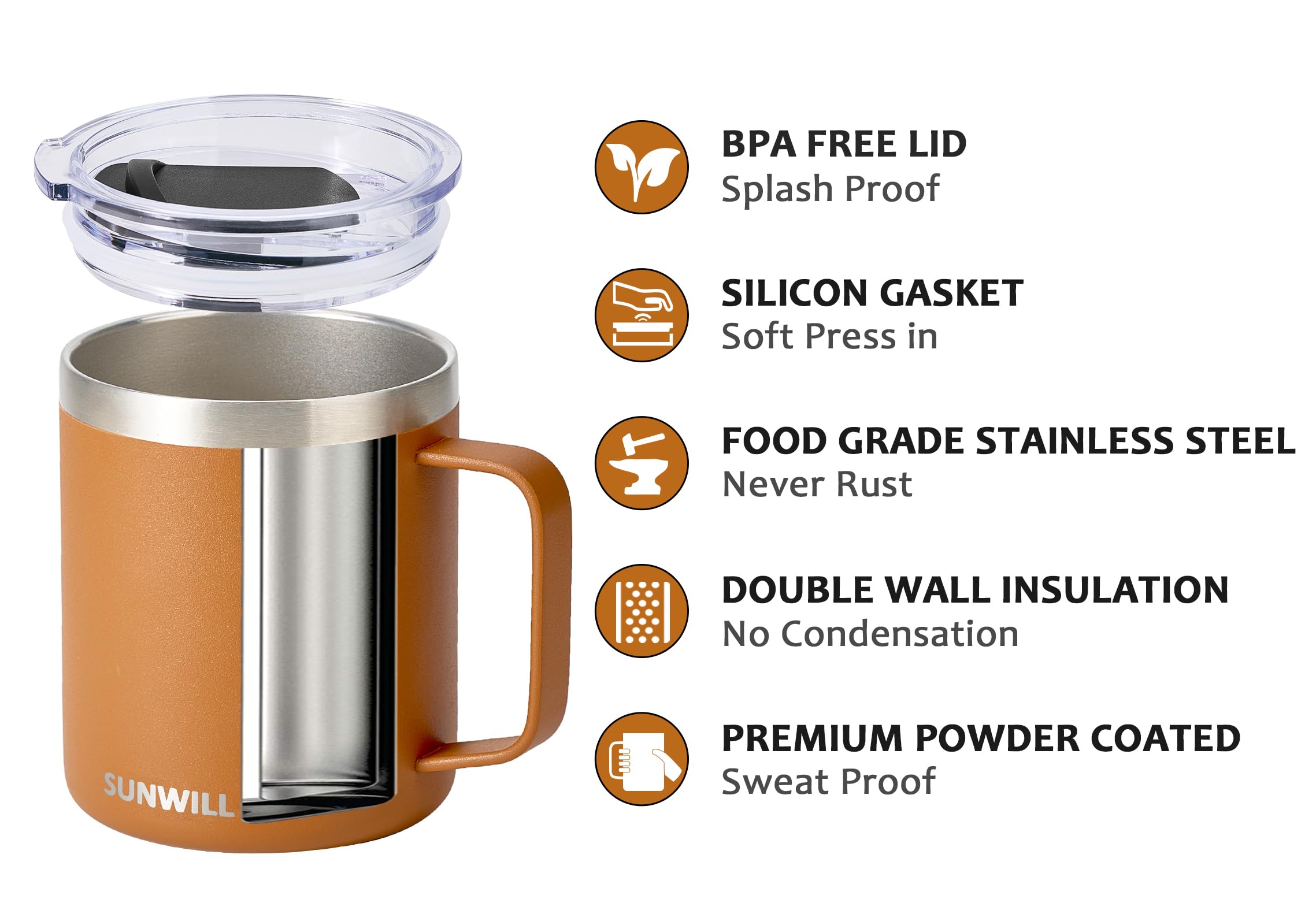 SUNWILL Travel Coffee Mug with Lid, Insulated Tumbler with Handle, 14 oz Stainless Steel Cup for Ice, Water, Tea, Powder Coated Orchid