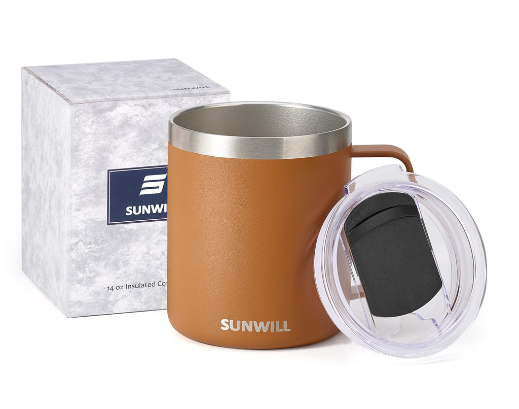 SUNWILL Travel Coffee Mug with Lid, Insulated Tumbler with Handle, 14 oz Stainless Steel Cup for Ice, Water, Tea, Powder Coated Orchid
