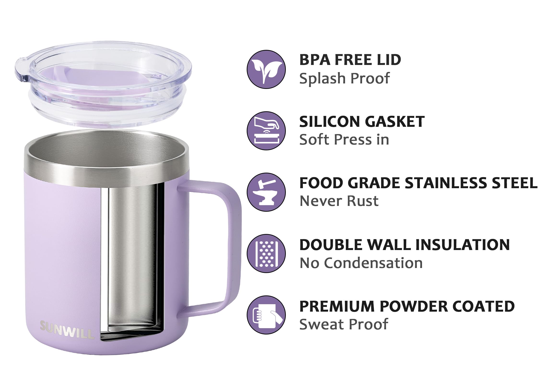 SUNWILL Travel Coffee Mug with Lid, Insulated Tumbler with Handle, 14 oz Stainless Steel Cup for Ice, Water, Tea, Powder Coated Orchid