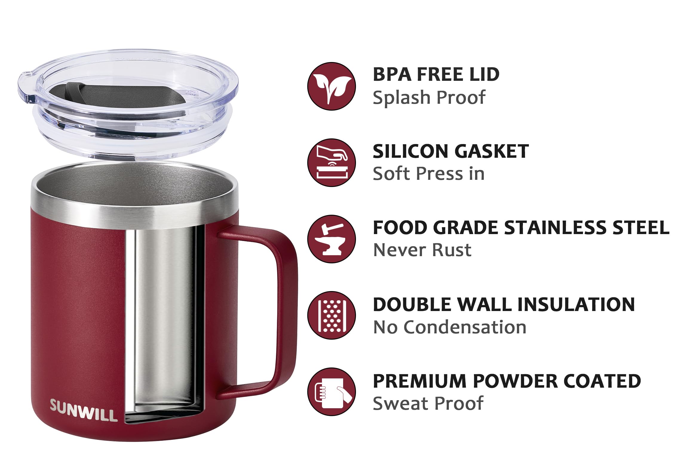 SUNWILL Travel Coffee Mug with Lid, Insulated Tumbler with Handle, 14 oz Stainless Steel Cup for Ice, Water, Tea, Powder Coated Orchid