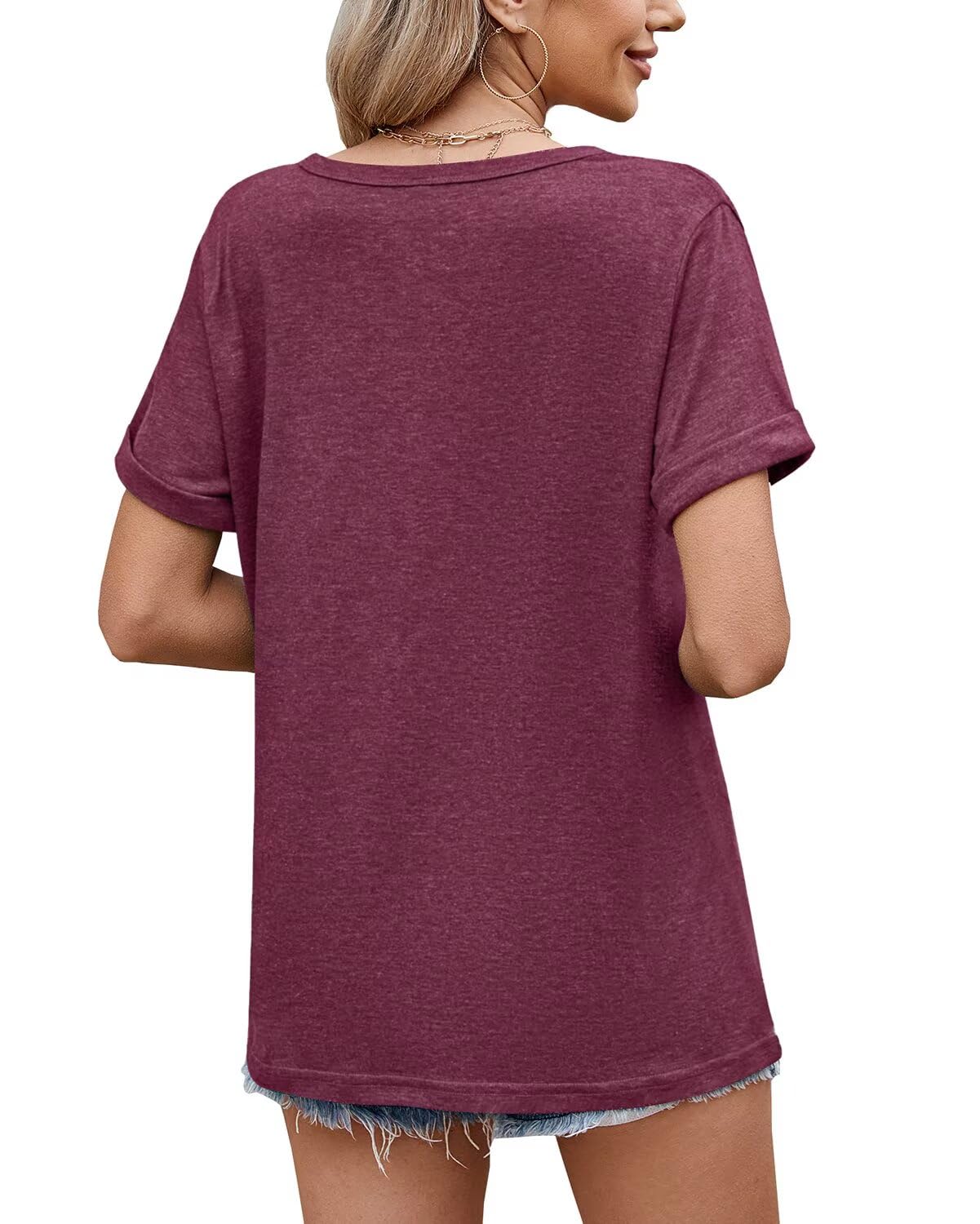 WELINCO T-Shirts d'été à Manches Courtes Pour Femmes, Chemises décontractées et douces, t-Shirts basiques Wine Red X-Large