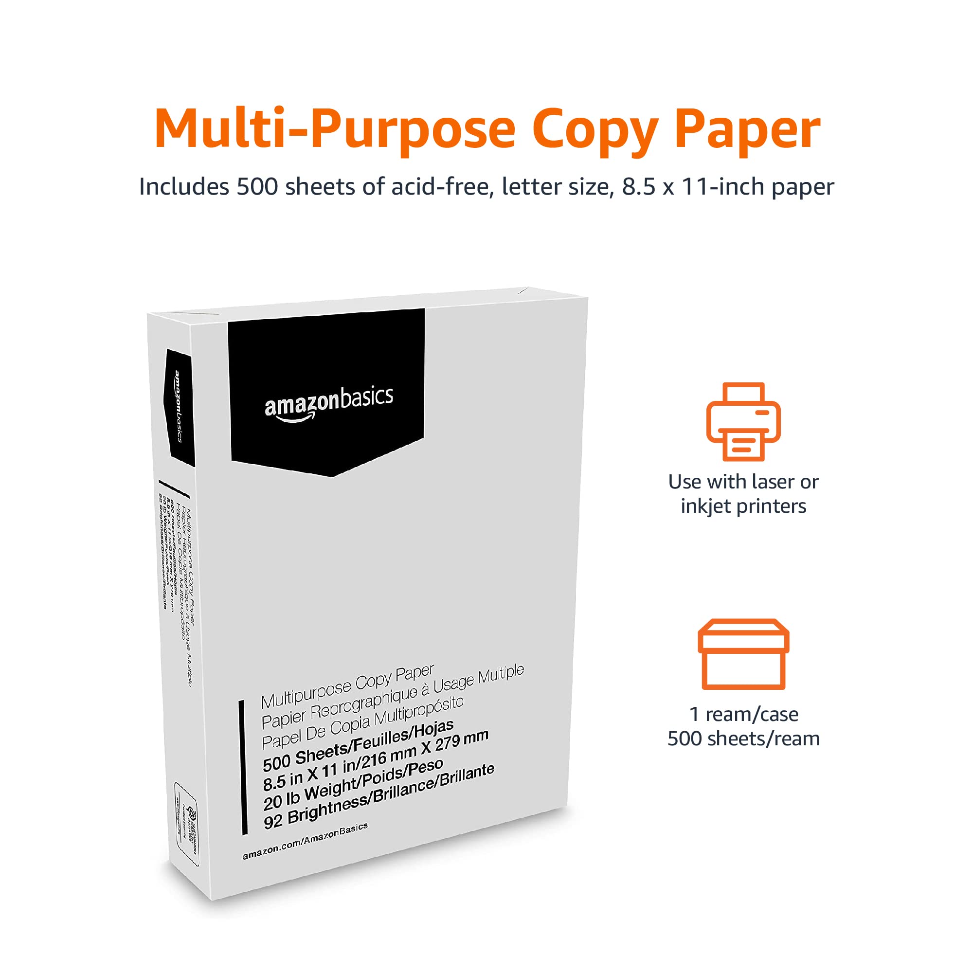 Amazon Basics Multipurpose Copy Printer Paper, 21.6 x 27.9cm, 9.07kg, 1 Ream, (500 Sheets), 92 Bright, White