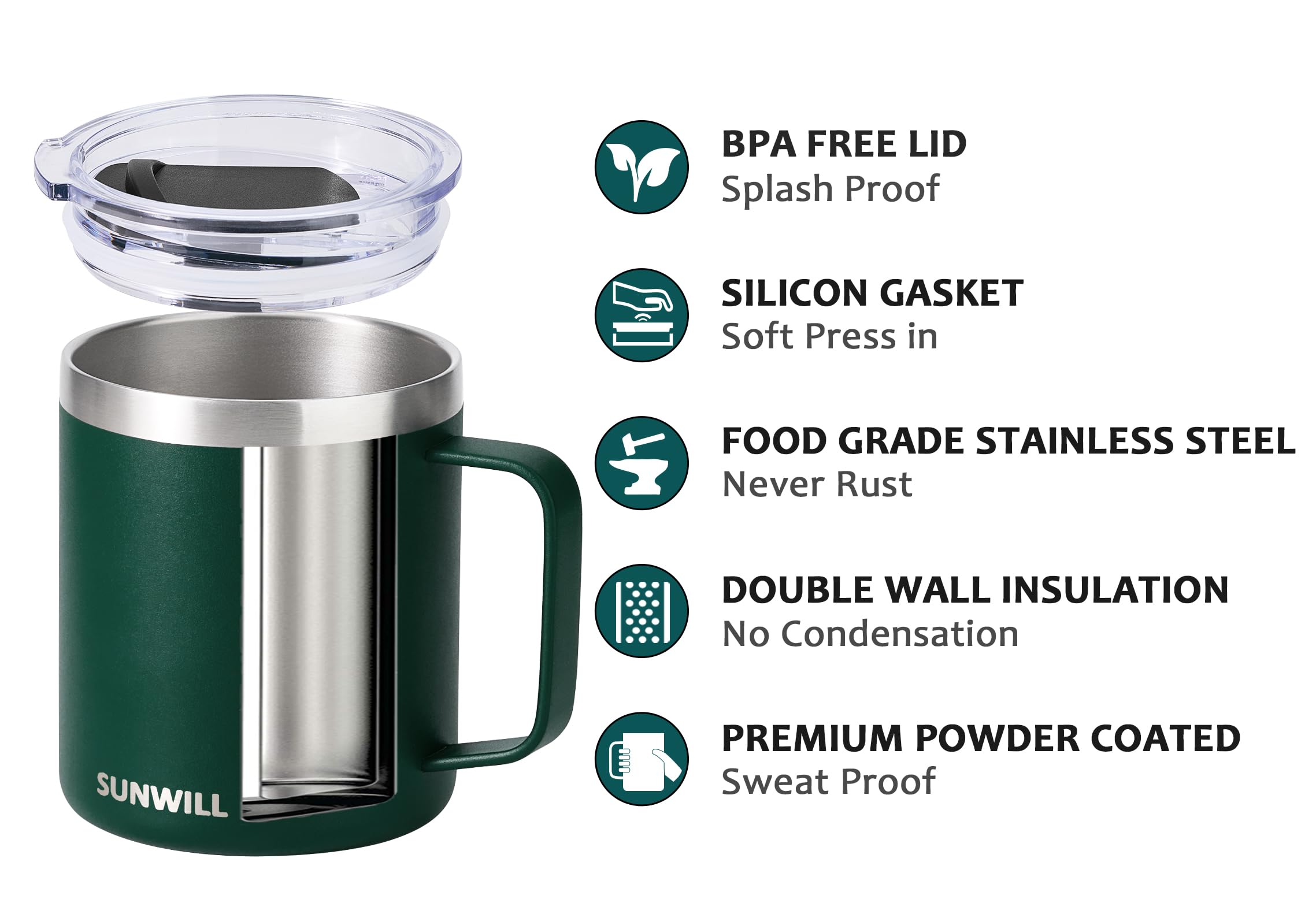 SUNWILL Travel Coffee Mug with Lid, Insulated Tumbler with Handle, 14 oz Stainless Steel Cup for Ice, Water, Tea, Powder Coated Orchid