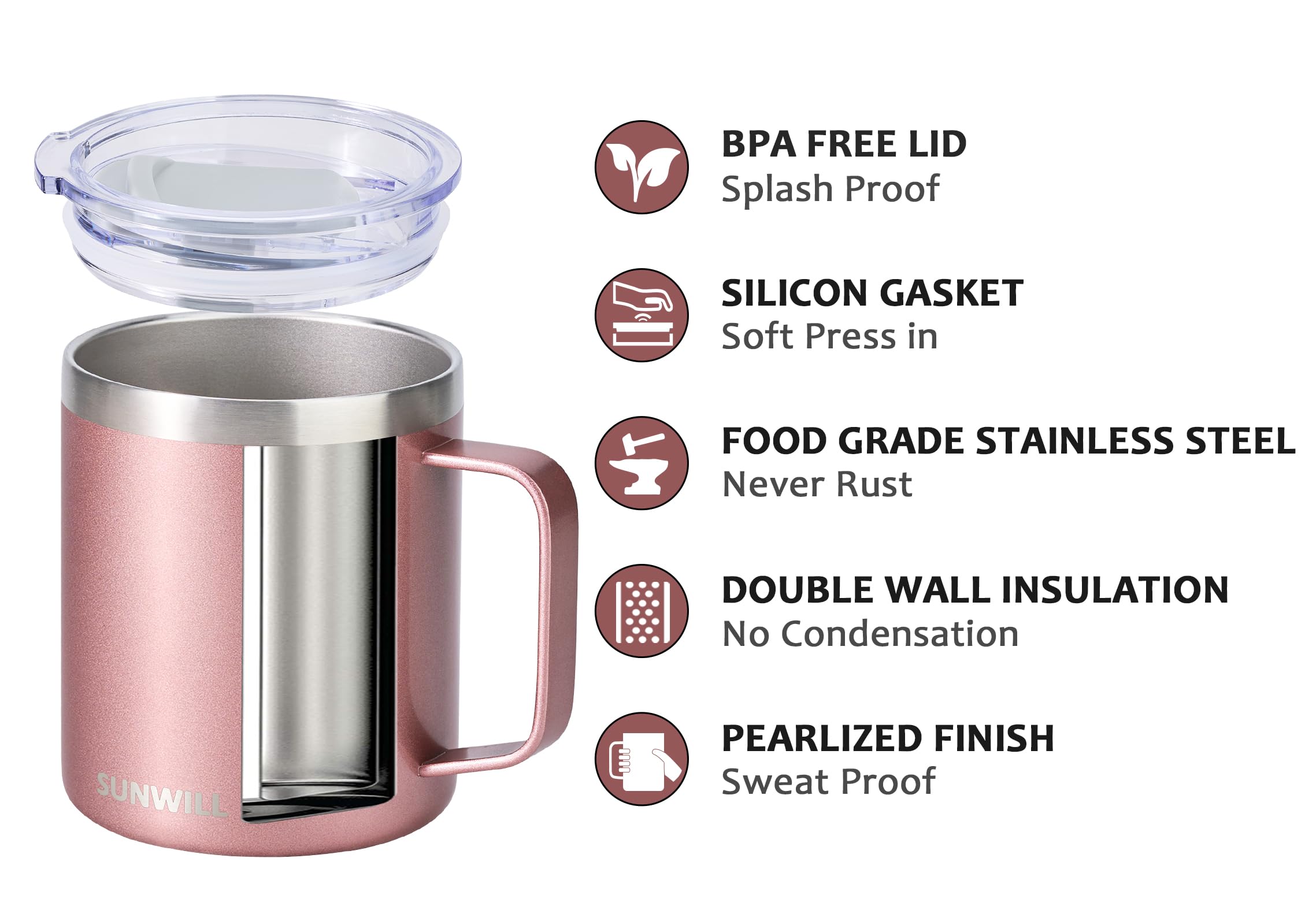 SUNWILL Travel Coffee Mug with Lid, Insulated Tumbler with Handle, 14 oz Stainless Steel Cup for Ice, Water, Tea, Powder Coated Orchid