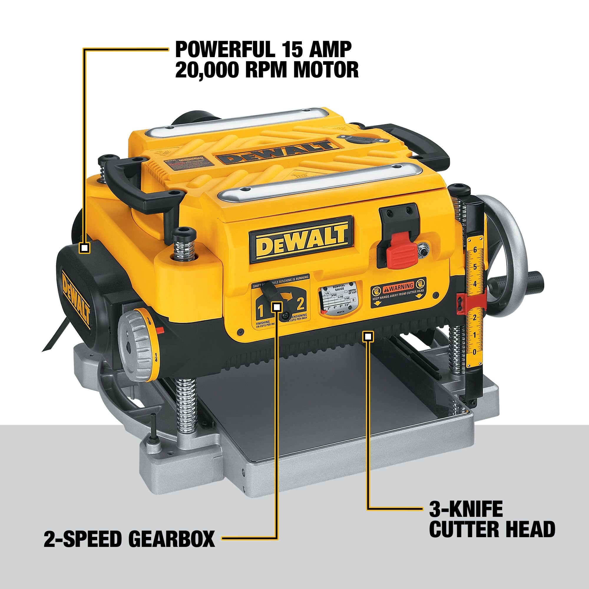DEWALT Thickness Planer, 13-inch Wood Planer, Three Knife Two Speed, 15 Amp, 20,000 RPM Motor (DW735X)